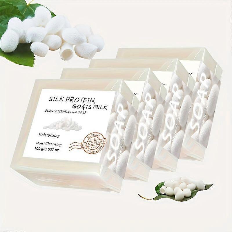 4 saponette artigianali da 100 g con proteine ​​della seta e latte di capra, idratanti, illuminanti e detergenti profondi, color beige chiaro, per viso e corpo.