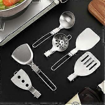 Stainless Steel Folding Camping Cookware Set, 6-in-1 Portable Kitchen Utensils for Outdoor Travel, Stir Frying, and Soup