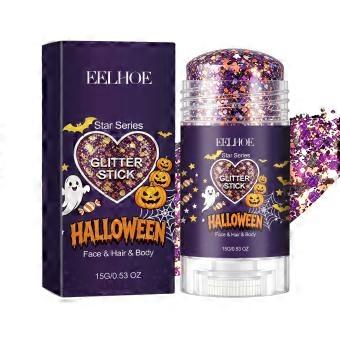 2pcs Halloween Glitter Body Stick, for full body use, easy twist applicator, purple & orange glitter, shiny festival makeup