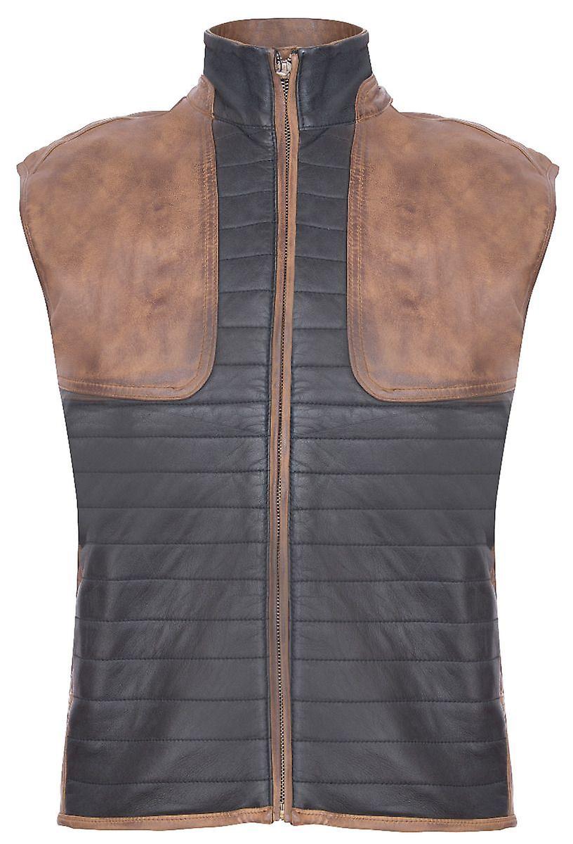 Mens Black Brown Leather Padded Sleeveless Waistcoat Gilet