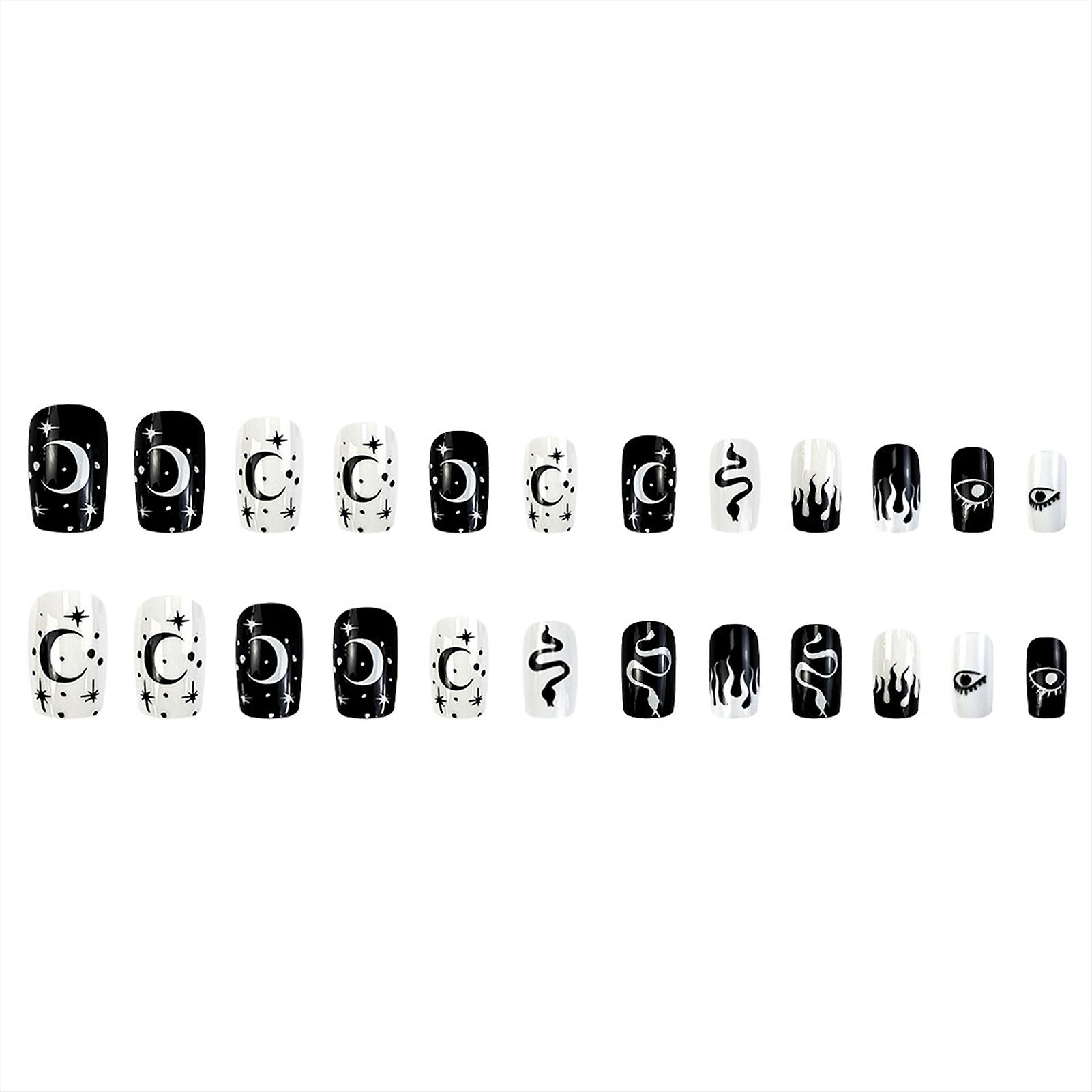 Black White Flame Printed Fake Square Nails Durable & Never Splitting Comfort Fake Nails For Fingernail Diy Decoration