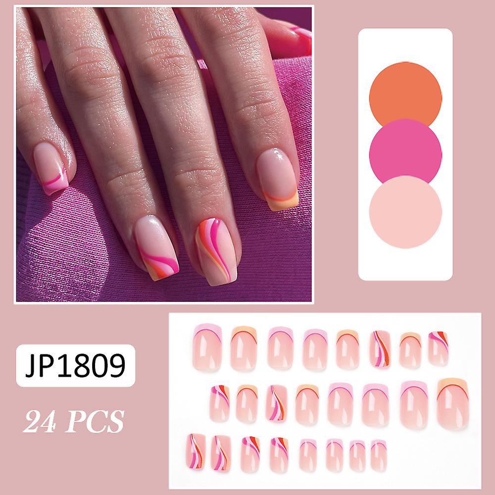 24 Pcs Colored Fake Nail Cute Waves Line Pattern Well Fitting
