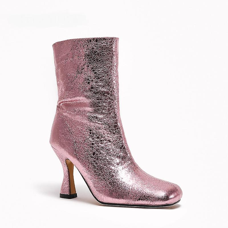 Women's Square Toe Boots Elastic Ankle Boots Mid Calf Boots Pink