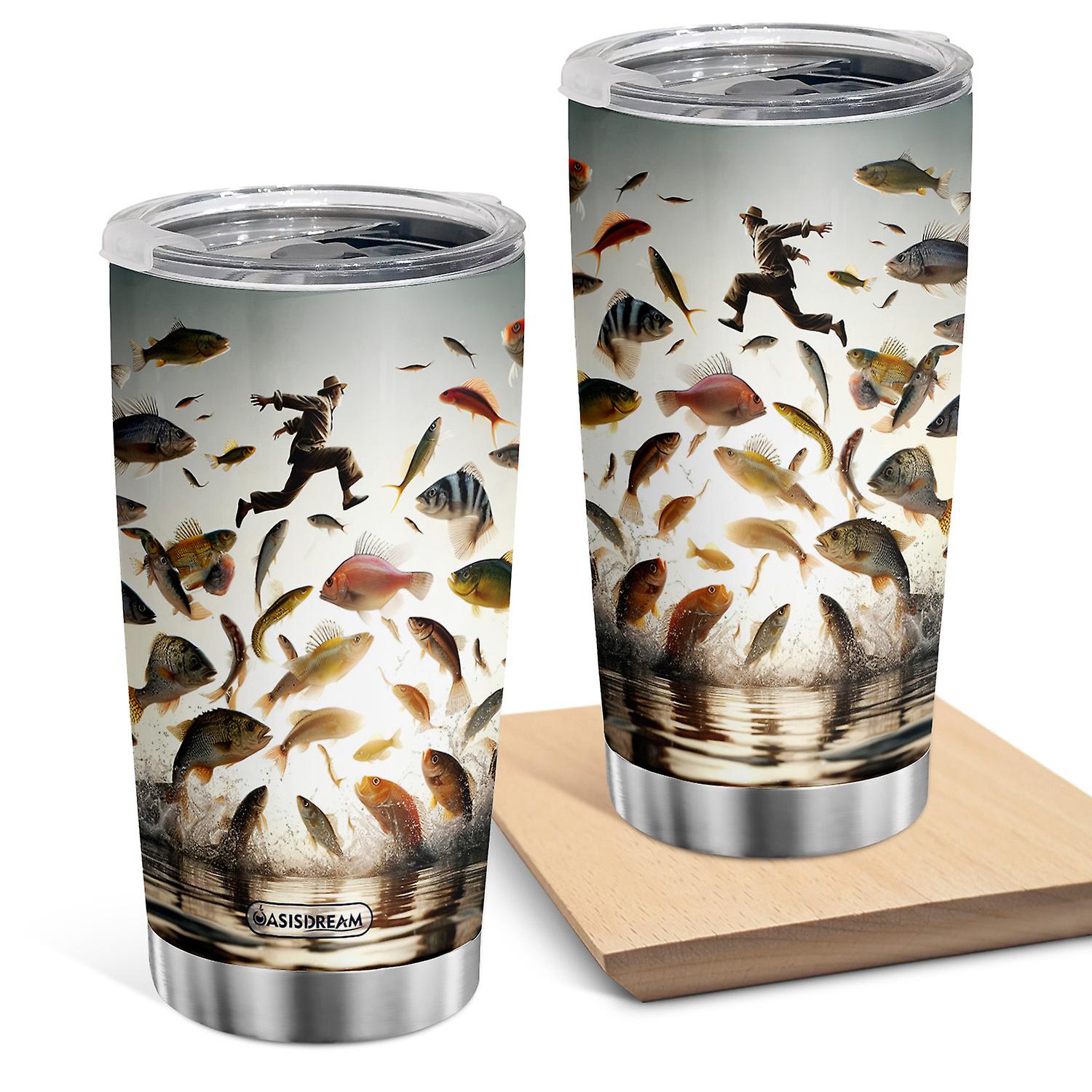 Oasisdream 20oz Vacuum Insulated Stainless Steel Tumbler with Fish Jumping Print