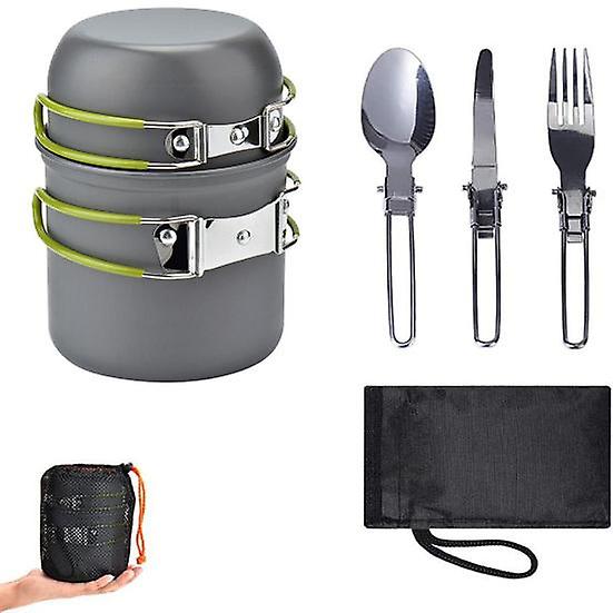 1 Set Camping Pot with Foldable Handle Non-stick Heat-Resistant Cooking Picnic Fork Spoon Cookware Utensils Kit