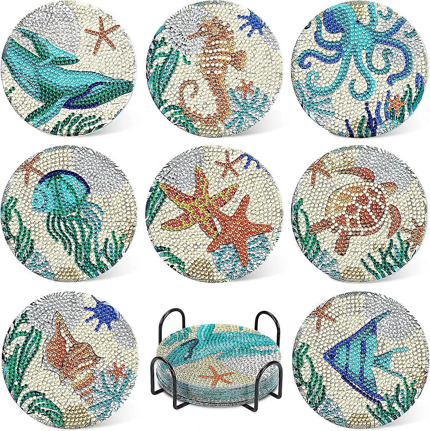 Absorbing Stone Sea Ocean Life Coasters for Drinks, Cork Base with Holder,Coastal Decor Beach Theme Tropical,Set of 8