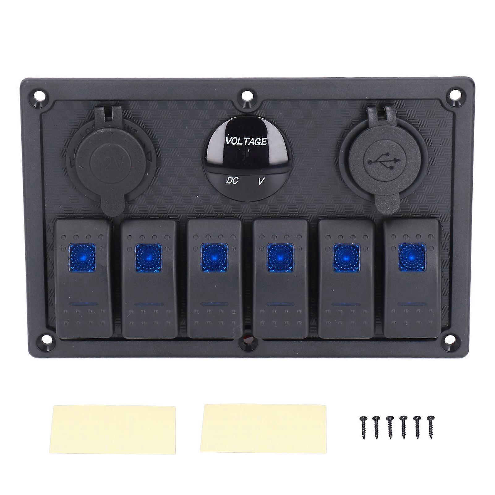 6 Gang Rocker Switch Panel LED Digital Voltmeter IP65 Waterproof USB Ports for 12V24V Car Motorcycle Yacht Boat E2U811