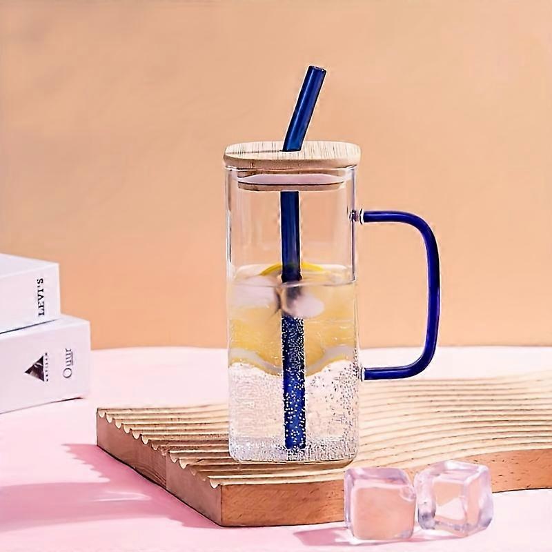 1pc, Square Glass Cup With Bamboo Lid And Straw, Transparent Water Cup With Handle, Iced Coffee Cups, Drinking Glasses For Juice, Milk, Tea, And More,