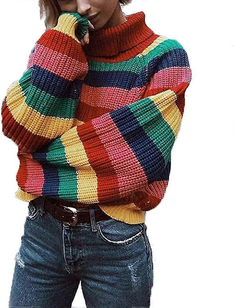 Womens Long Sleeve Striped Rainbow Striped Top Turtleneck Knitted
