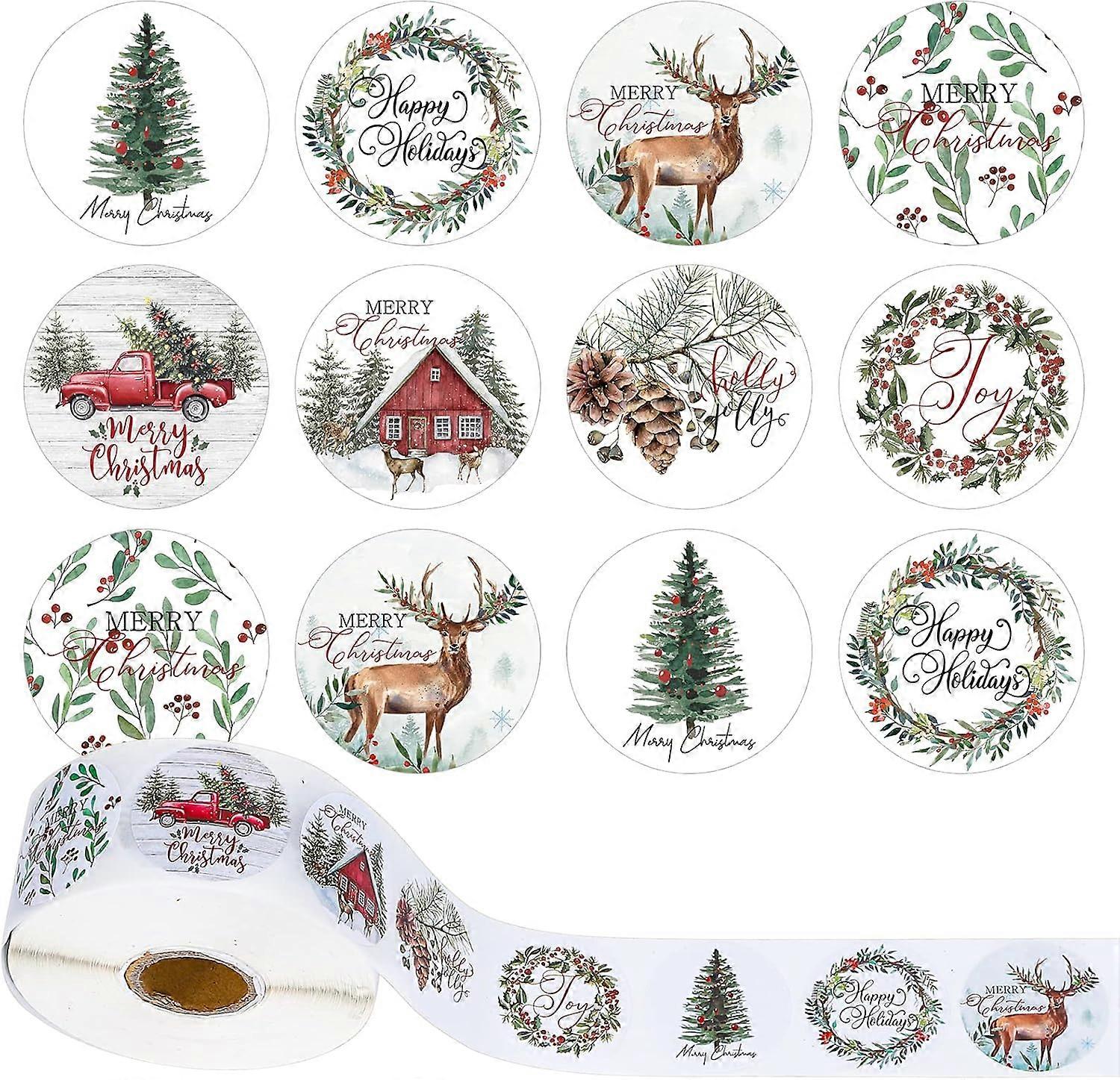 Whaline 1000Pcs Christmas Stickers 1.5Inch Assorted Plants Round Stickers in Roll Rustic Christmas Tree Wreath Elk Truck Patterns Label Stickers for X
