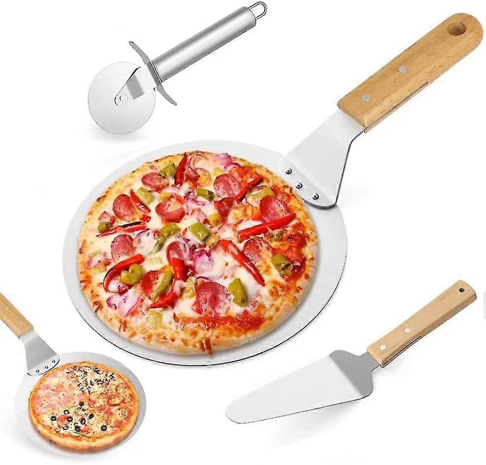 Pizza Cutter + Pizza Peel + Pizza Shovel, 3 In 1 Pizza Paddle, Pizza Board With Wooden Handle Stainless Steel, For Baking Homemade Pizza,bread Pies
