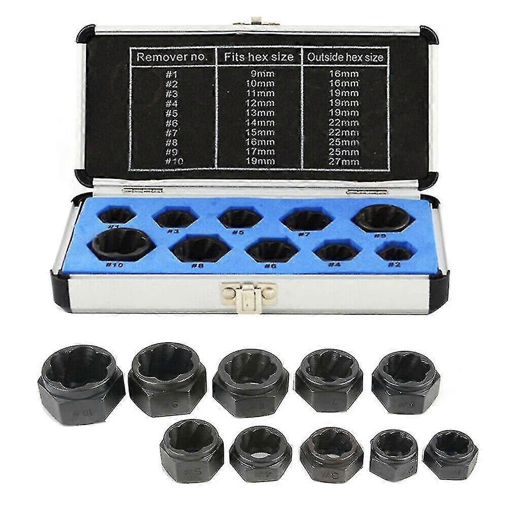10Pcs 9-19mm Bolt Nut Remover Extractor Set Damaged Stripped Socket Wrench Tool Kit