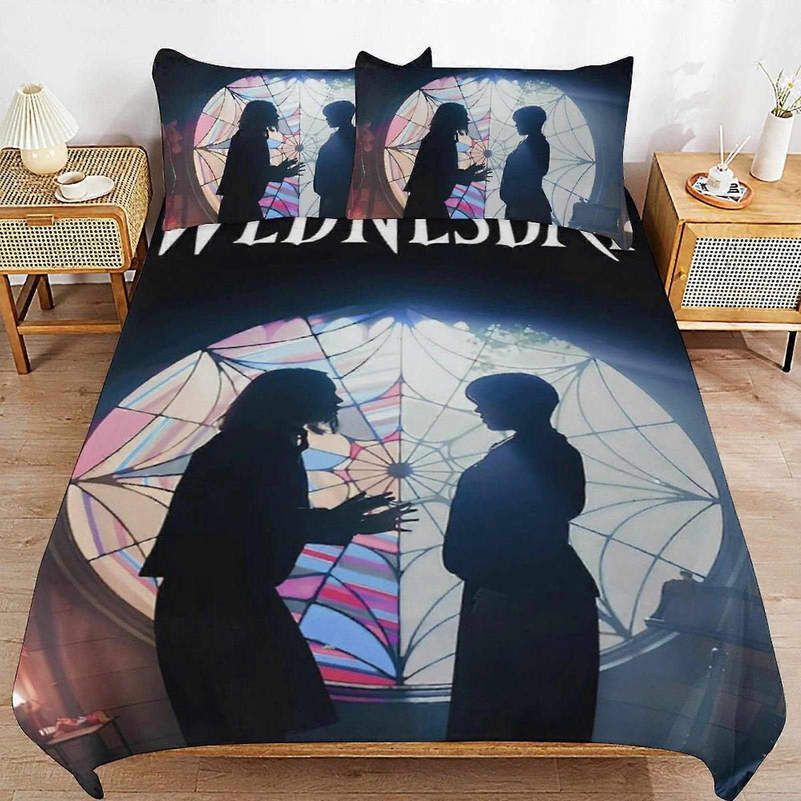 a1328 Conjunto de capa de edredom Wednesday Addams, conjunto de cama de 3 peças 86x70" Conjunto de capa de edredom decorativa com impressão dupla face (1 capa de edredom + 2 fronha