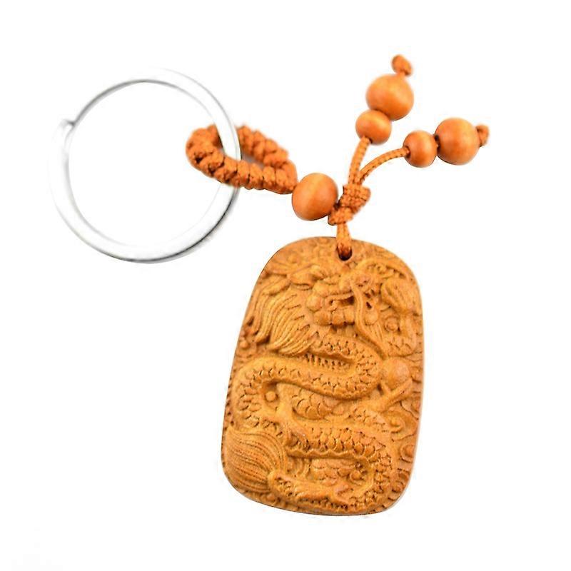 Peach Wood Carving Chinese Dragon Lucky Statue Pendant Buckle Keychain Keyring