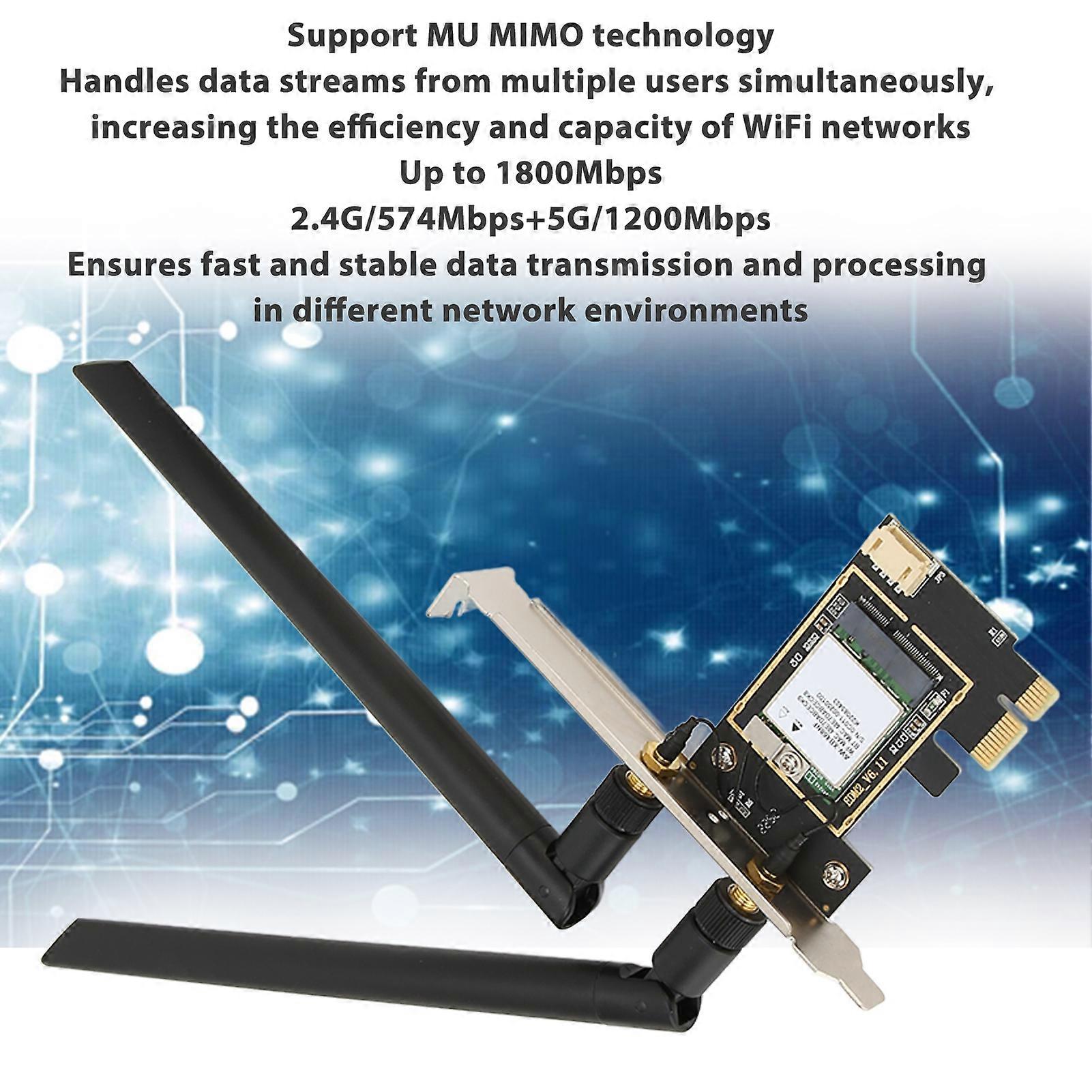 Wireless WiFi 6 PCIE Card with 2 Antenna 1800Mbps 2.4Ghz 5Ghz Support MU MIMO Bluetooth 5.2 Wireless Network Card for Win10 11