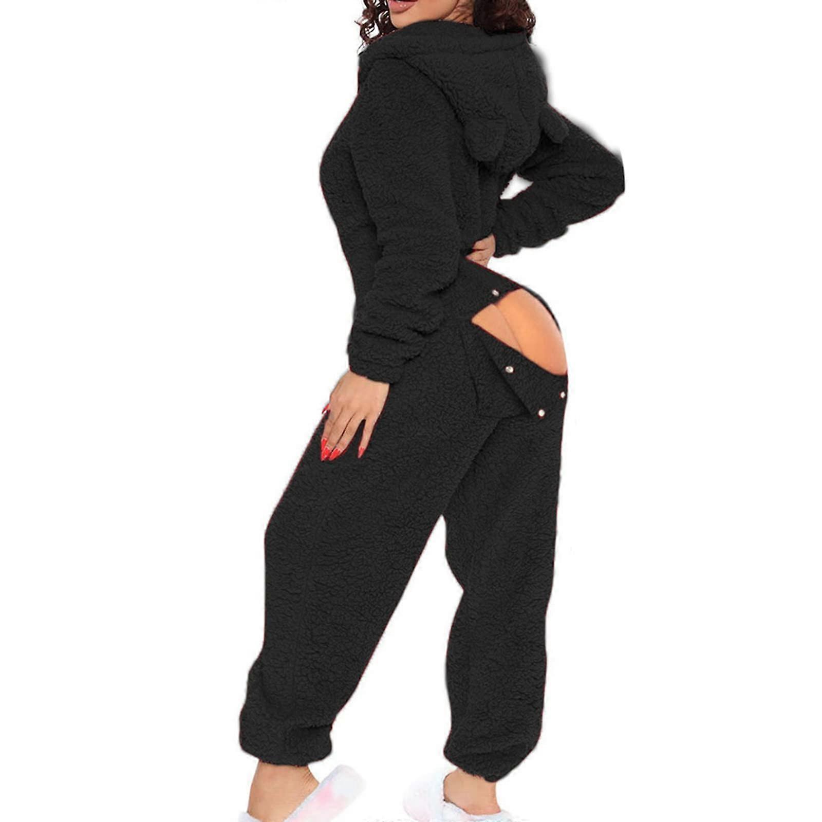 Sexy Adult Onesie Pajamas for Women Butt Flap Fleece Hooded One