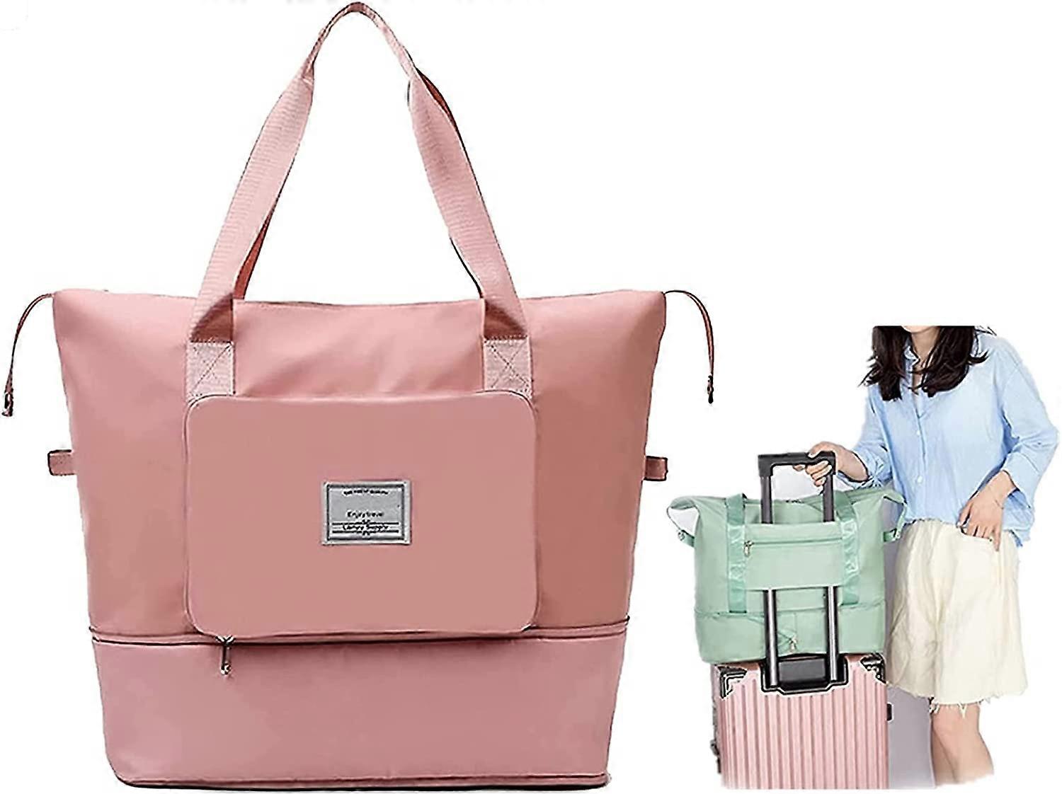 Pink Color Large Capacity Foldable Duffel Bag, Gym Bag with Fixed Strap, Waterproof Duffel Bag with Wet Pocket, Lightweight Shoulder Bag, for Travel, 