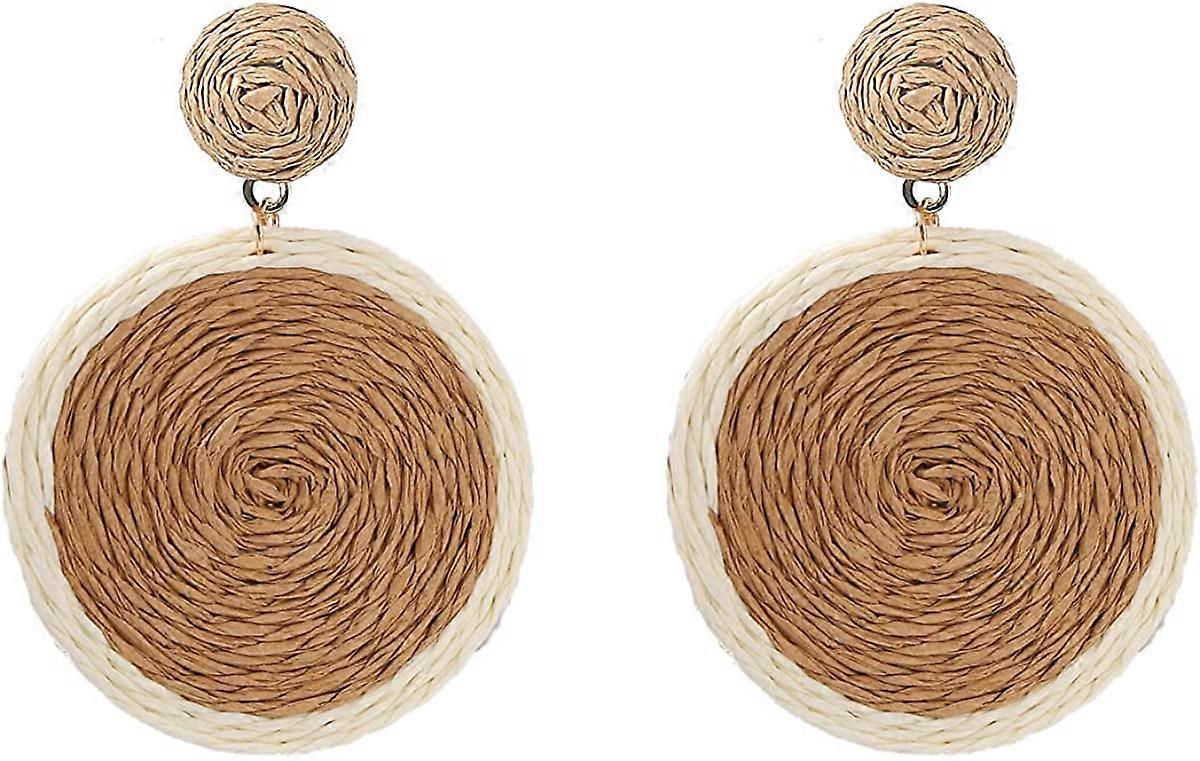 Bohemian Woven Straw Wicker Raffia Rattan Dangle Earrings Geometric Circle Round Drop Earrings