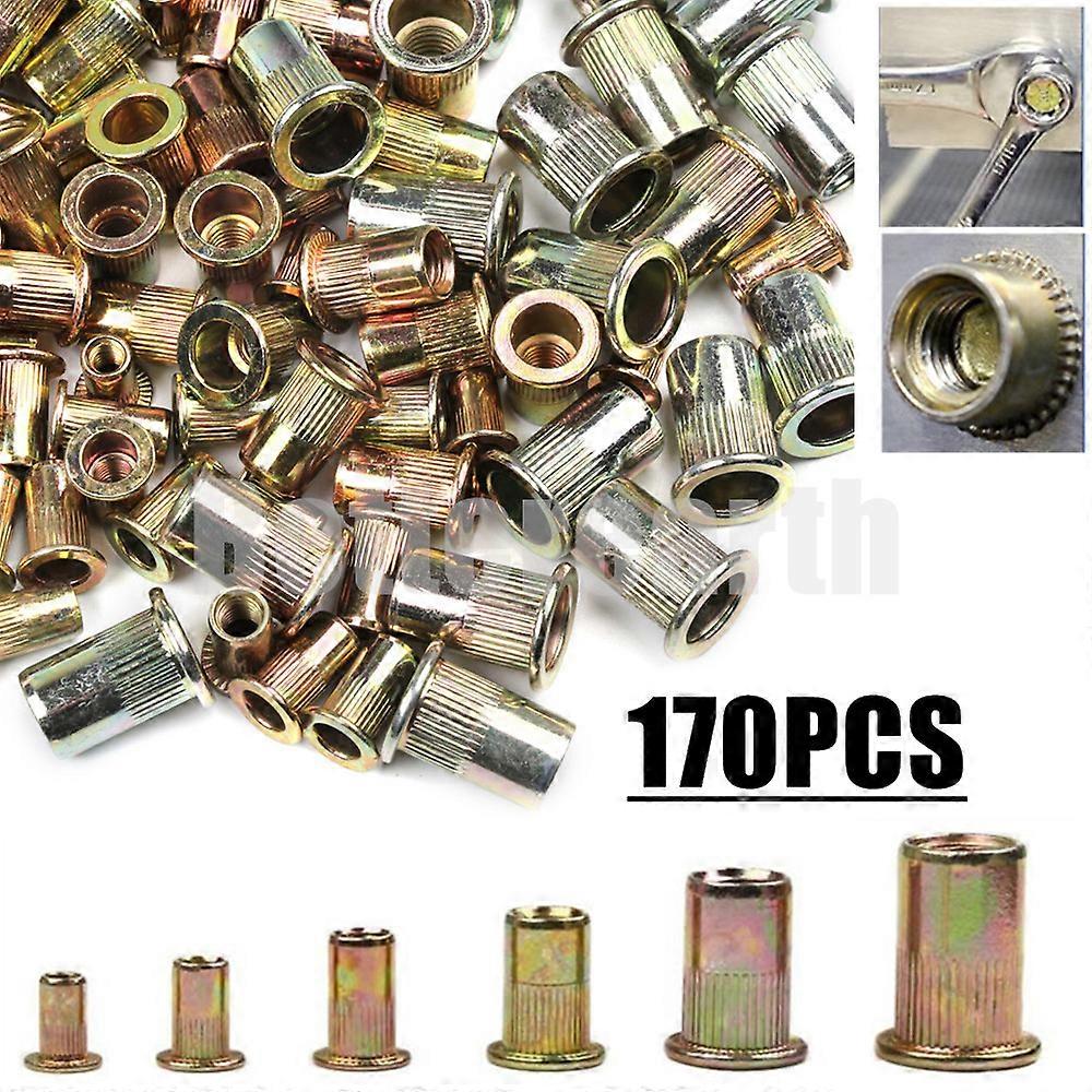 170PCS M3 M4 M5 M6 M8 M10 Carbon Steel Rivet Nuts Insert Rivets Multi Size Flat Head Rivet Nuts Set Threaded Insert Nut Kit