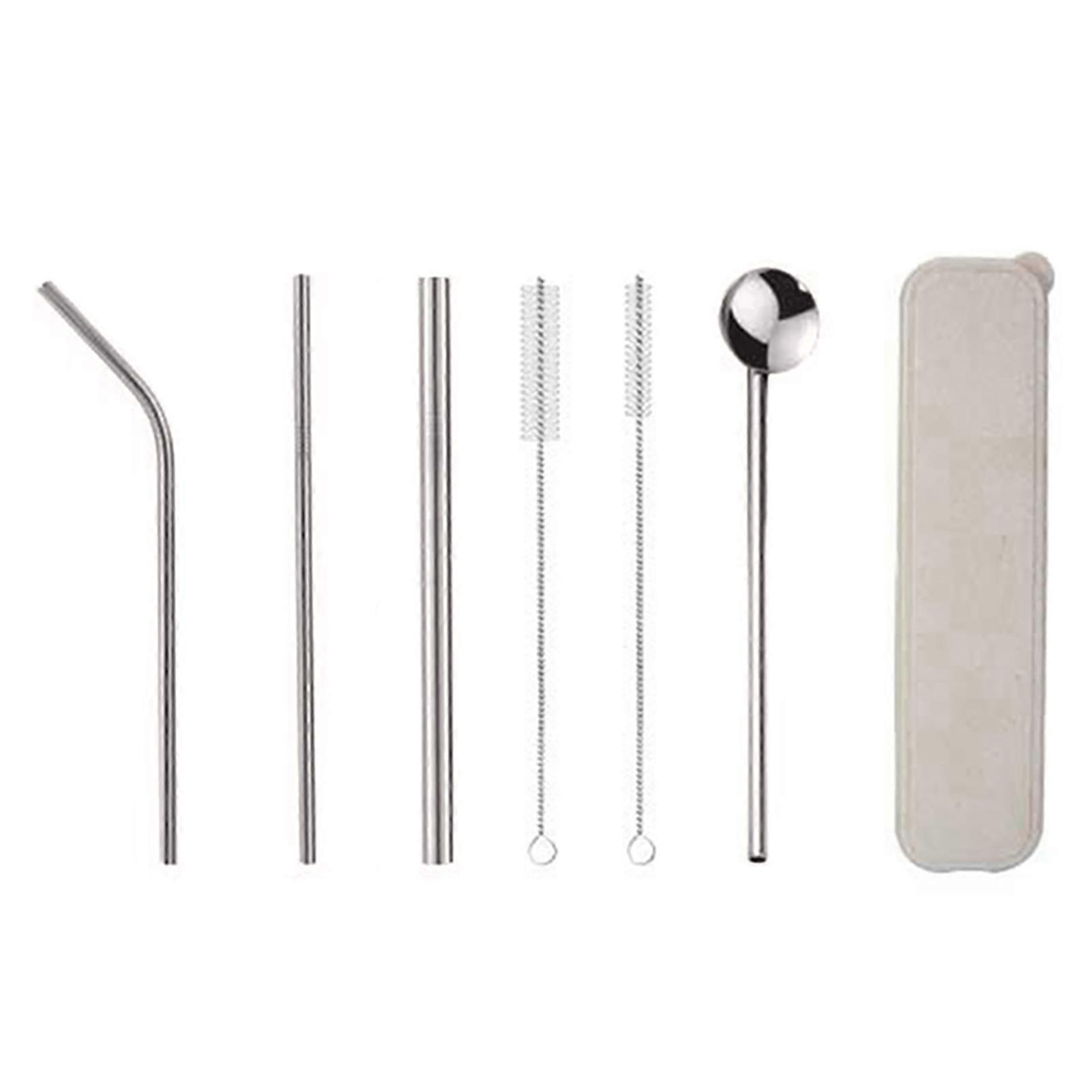 7Pcs Reusable Stainless Steel Straws Spoon Drinking Flatware with Cleaning Brush