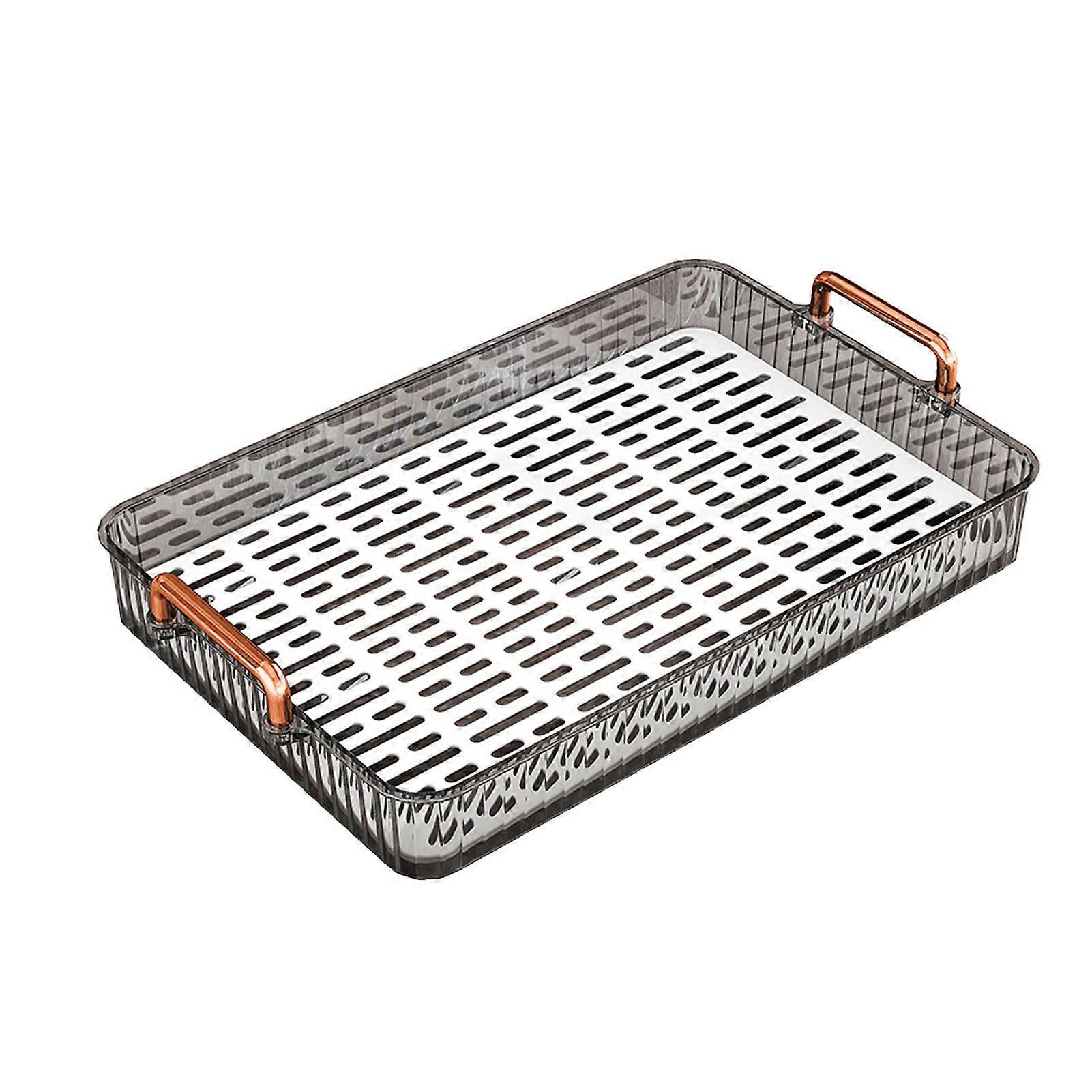 Tea Tray Build in Drainage Plastic Tray with Handles Rectangular Non Slip Tea Serving Tray for Parties Coffee Table Kitchen Large
