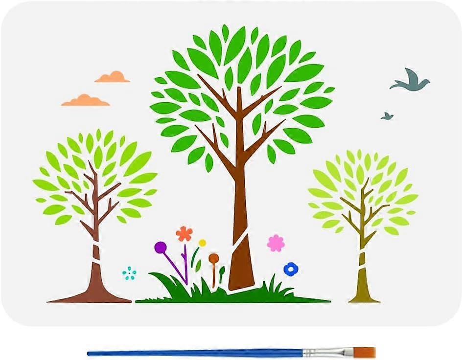 Trees Flowers Painting Stencil 8.3x11.7inch Decorative Clouds Birds Template with Brush Hollowed Tree Grass Flower Stencil Tree Branches Leaves Stenci
