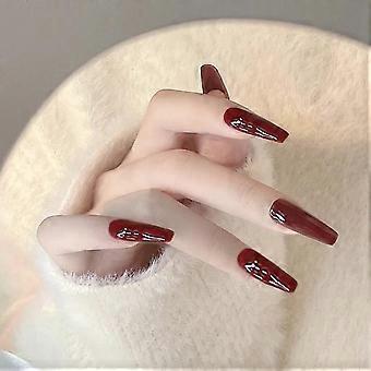 Estilo francês vinho tinto longas unhas postiças doces encantadores reutilizáveis unhas postiças cola modelos
