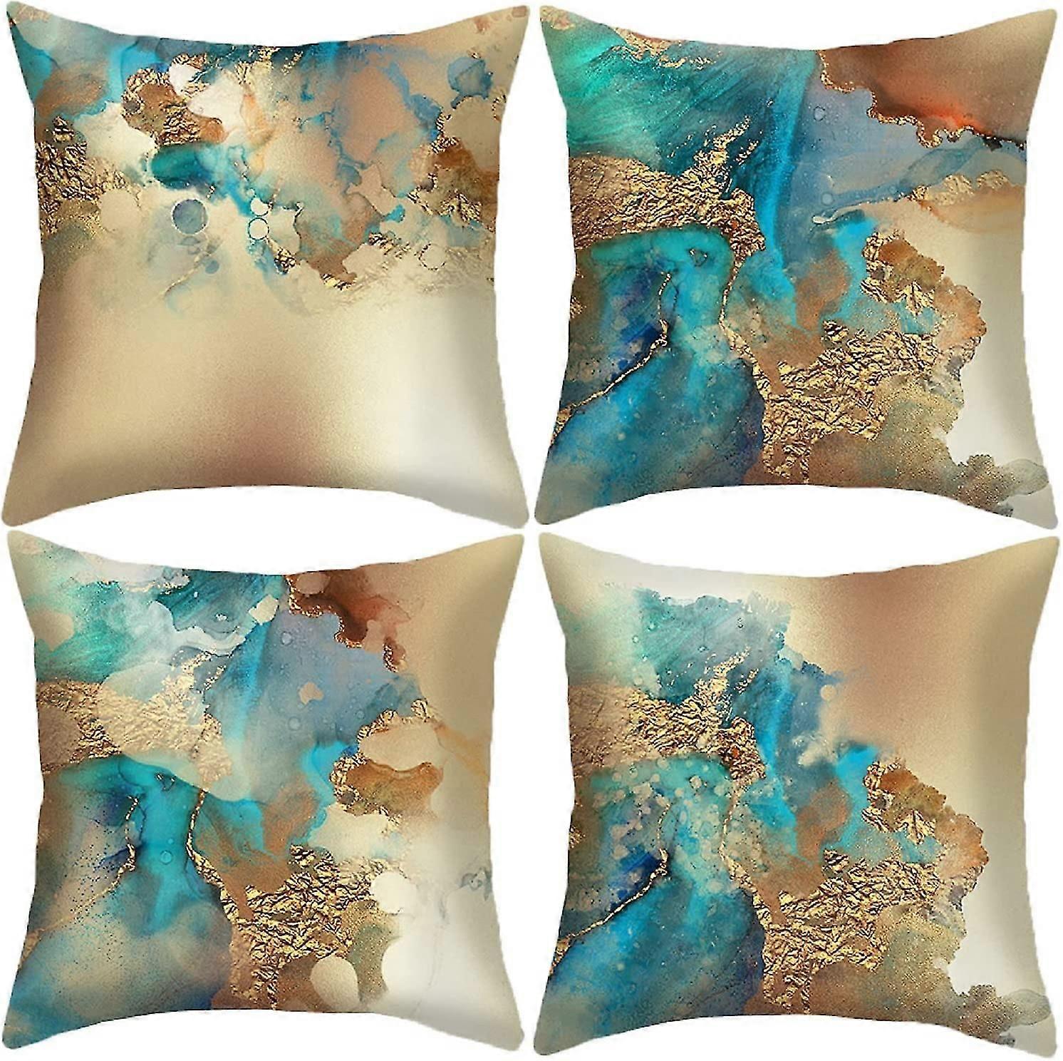 Abstract Pillow Covers Set Of 4 Nordic Pillow Cases Teal Blue And Gold Modern Decorative Cushion Covers For Sofa Couch 18x18 Inches
