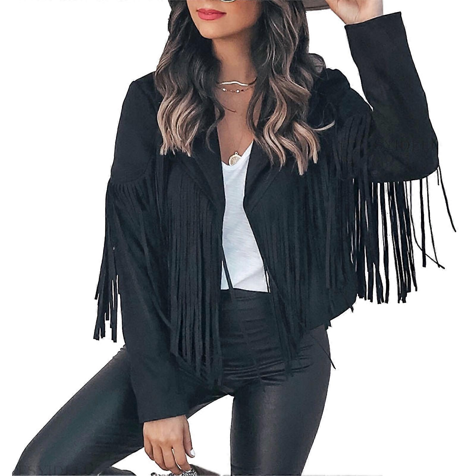 Tassel Trim Suede Texture Short Jacket Black XL
