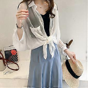 Fashion Women Long Sleeves Coat Solid Color Sun-protective Pocket Clothing Blouse (White XL)