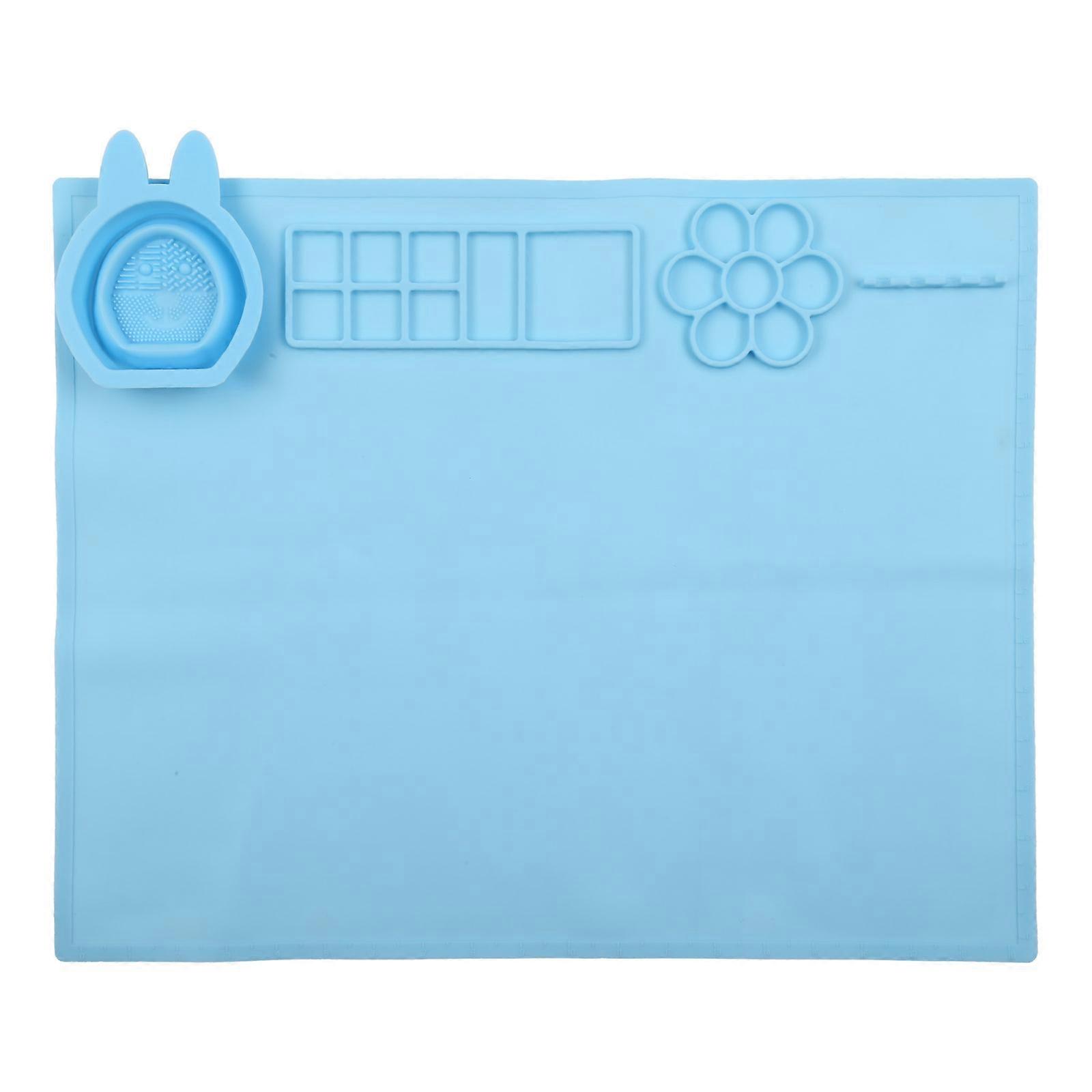 Silicone Paint Palette Mat For Water Color with Cleaning Cup Set Table Protector Artist Nonstick Silicone Sheet DIY Blue