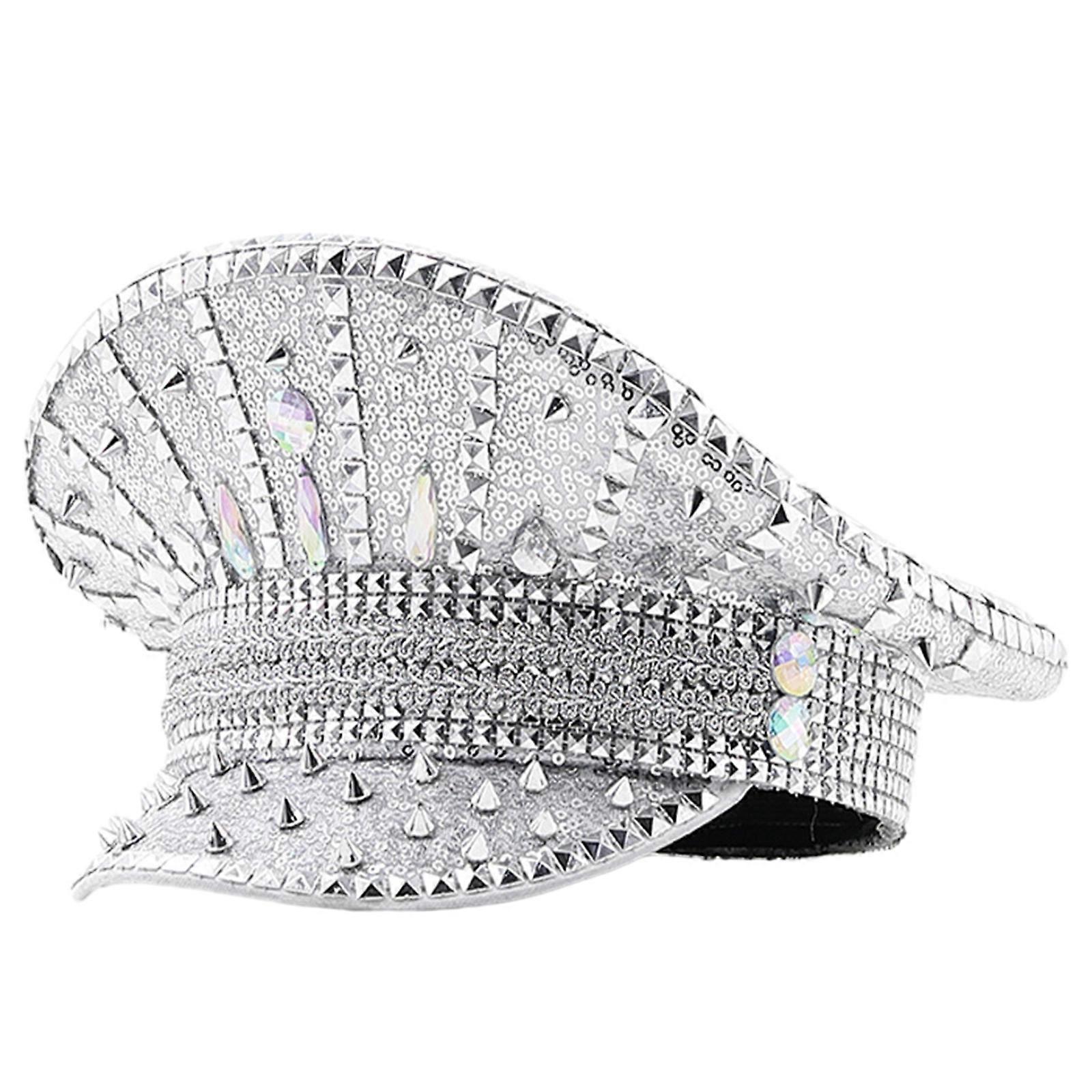Club Girl Hat Shimmering Captain Hat Crystal Sailor Hat for Music Festivals Sparkly Crystal Charm Captain Hat Versatile Silver