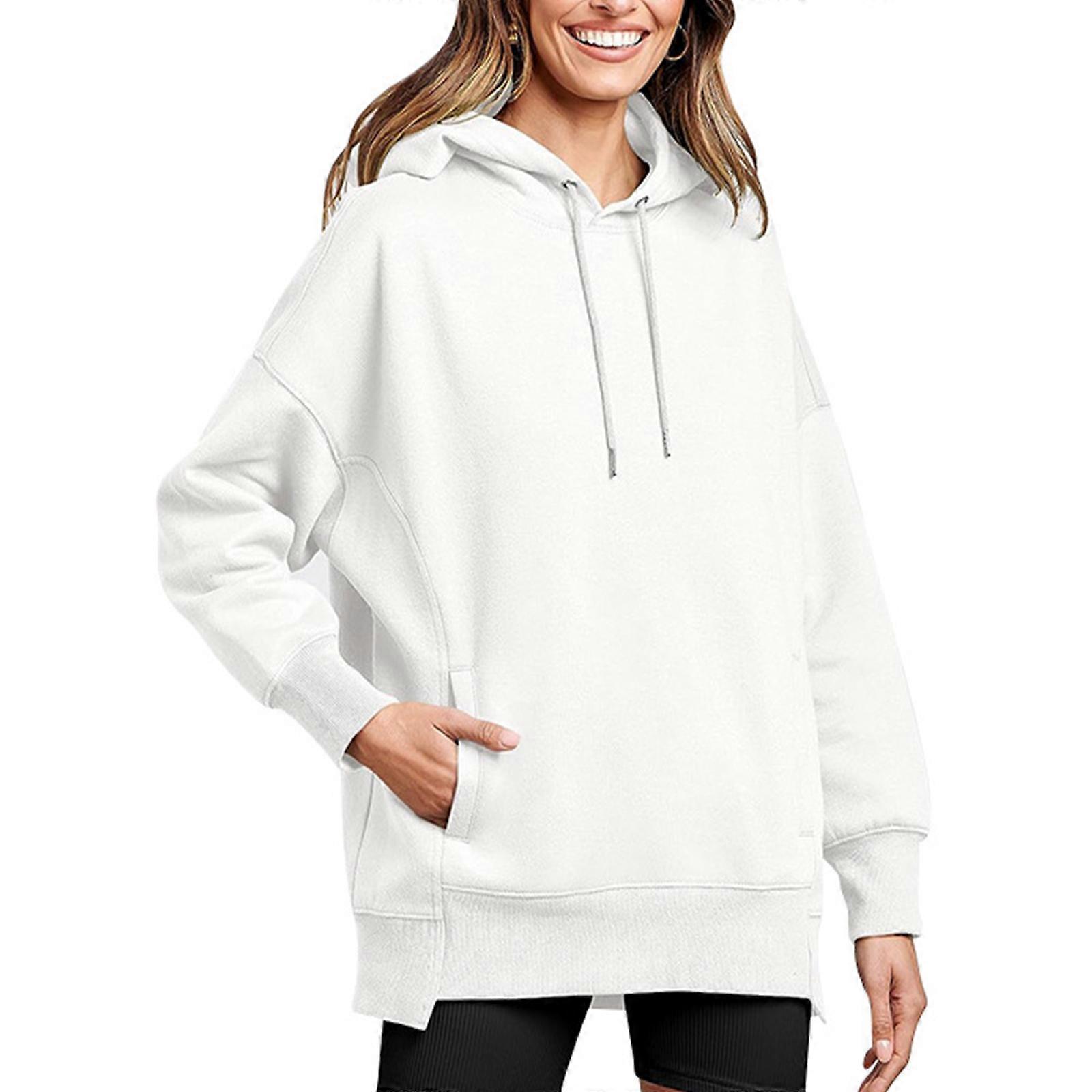 Women Oversized Loose Hoodies Pullover Drop Shoulder Long Sleeve Drawstring Sweatshirt Solid Color Basic Top with Pocket  White XL