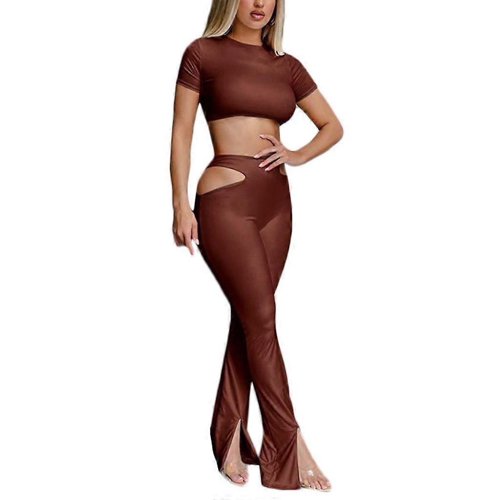 Women Sexy 2pcs Outfits Short Sleeve Crop Top Slit Flare Bell Bottom Long Pants Solid Color Hollow Out Skinny Streetwear  brown S