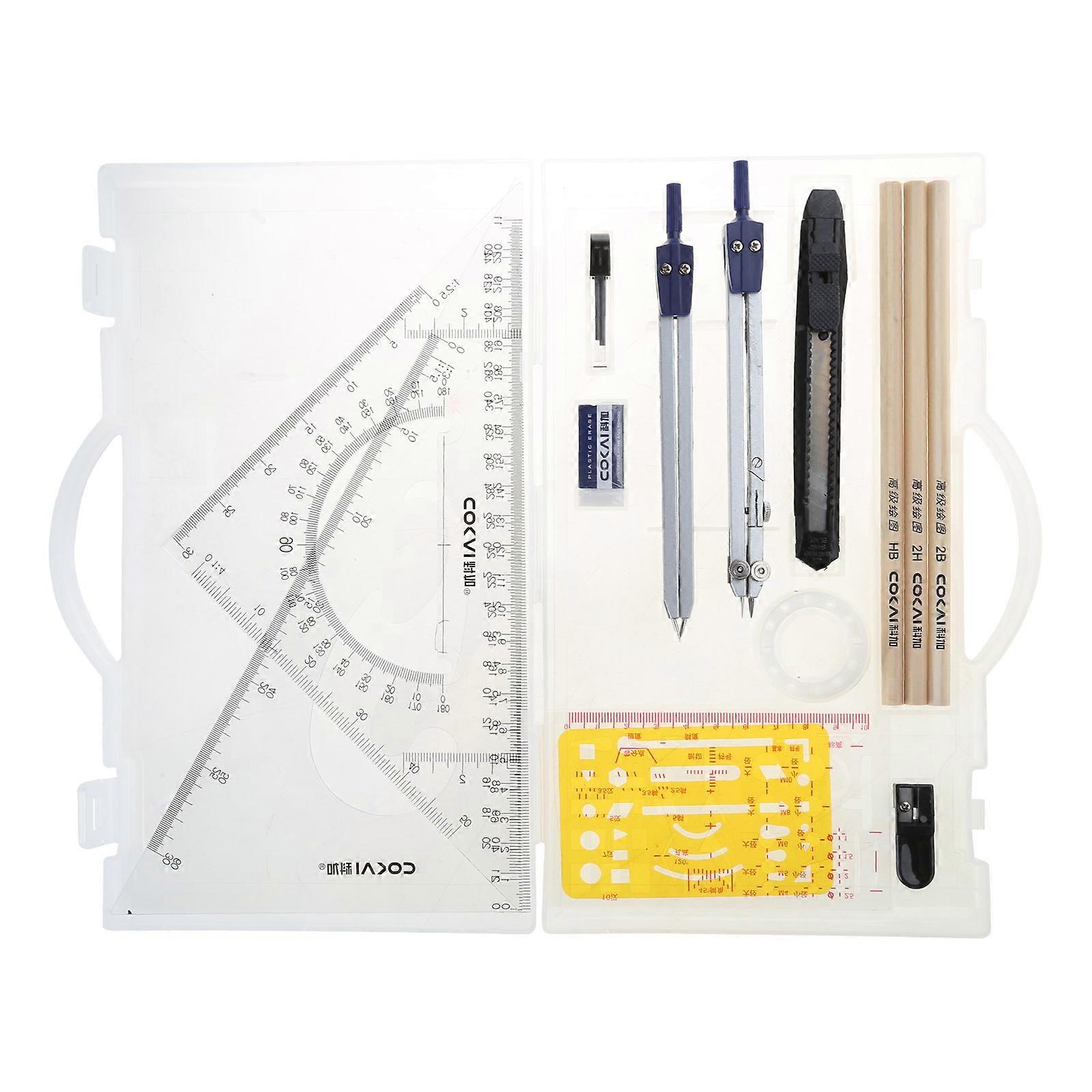 Math Geometry Kit-Sets 18Piece Student Supplies Include Protractor,Compass,Eraser,Protractor,Pencil for Drafting Drawing white transparent