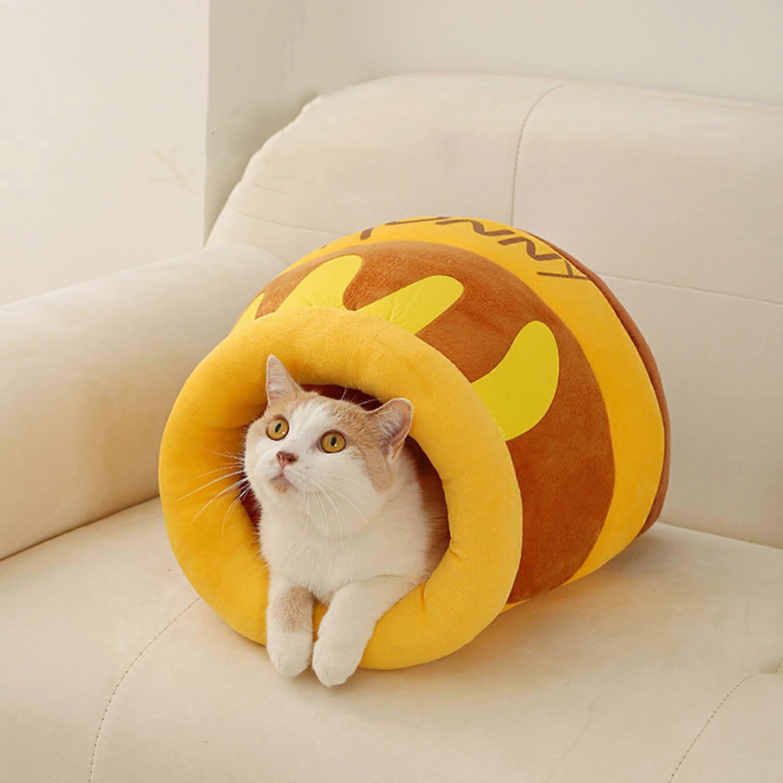 Large-Sized Honey Pot Cat Bed 2025, Cute Yellow Cat Nest Sofa with Detachable Mat for Indoor Cats