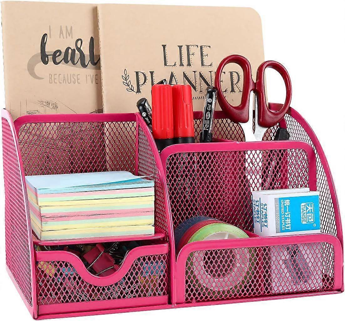 Office Mesh Desk Tidy Versatile Stationery Storage Desktop Organiser Pen Holder with Drawer,Pink