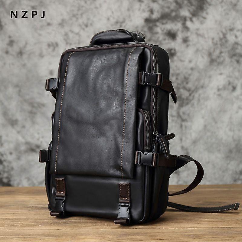 NZPJ Leather Men's Backpack First Layer Cowhide Leisure Business Travel Backpack Large Capacity Computer Bag Women's Schoolbag
