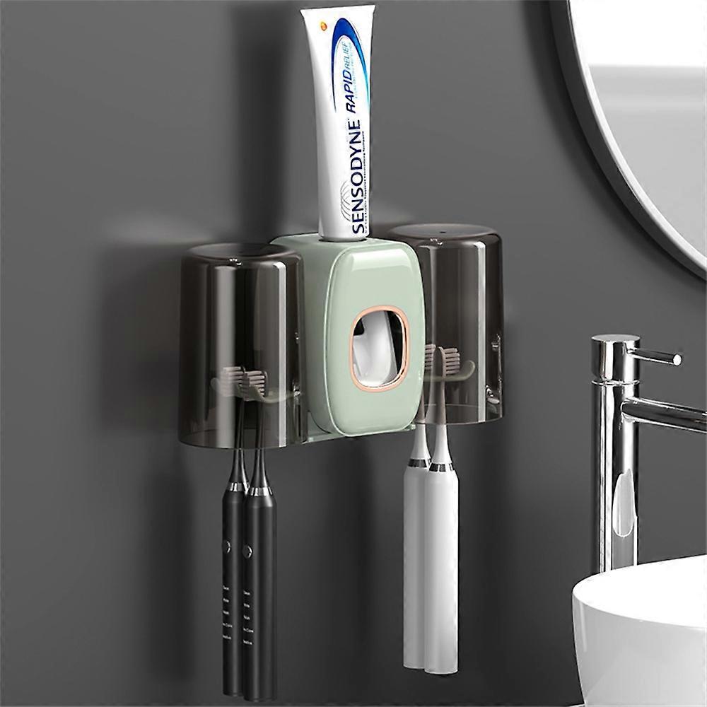 Wall Mounted Toothbrush Holder Cup Rack Toothpaste Dispenser No Drill Bathroom Storage Shelf