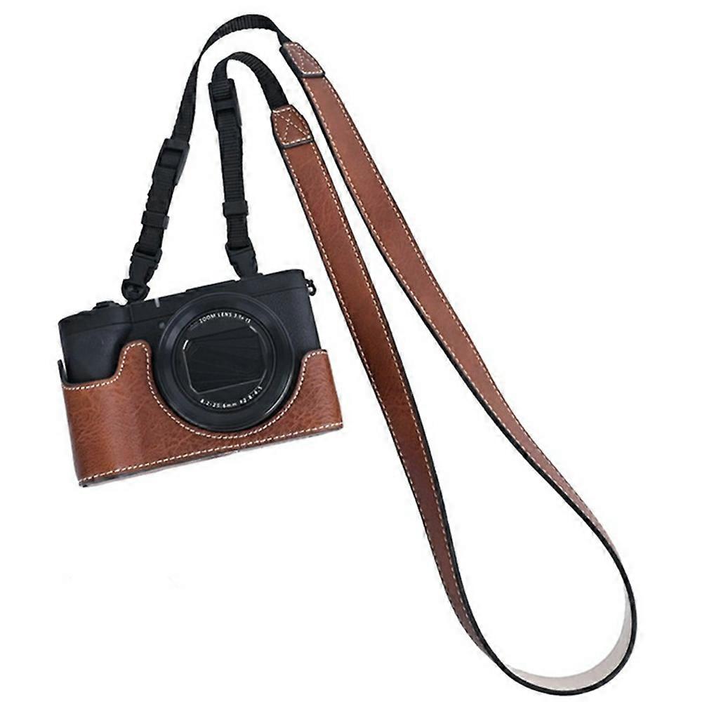 For Canon PowerShot V1 Camera Half Case Litchi Texture Battery Opening PU Leather Cover with Shoulde