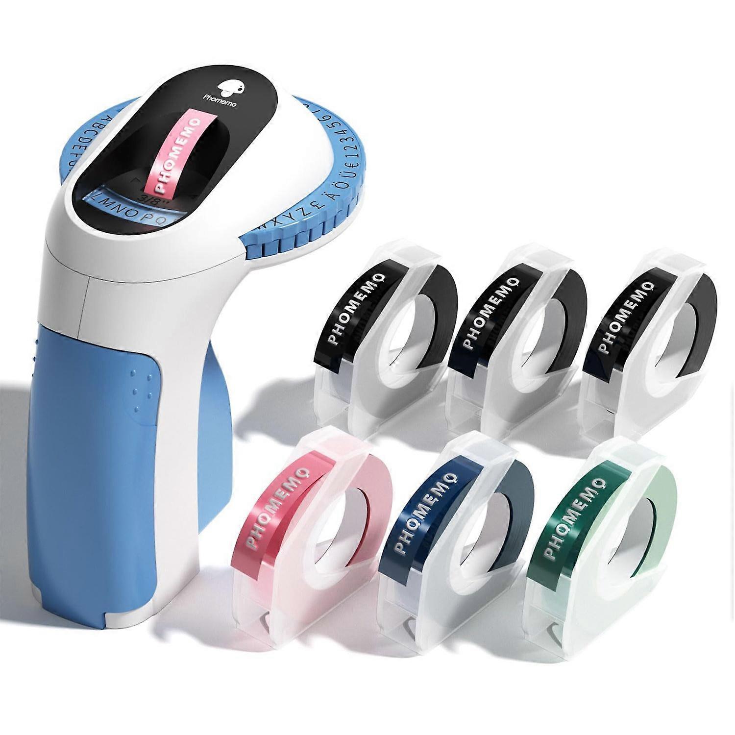PHOMEMO E975 Embossing Label Maker Handheld Embossed Label Machine with 6 Rolls Of Tapes