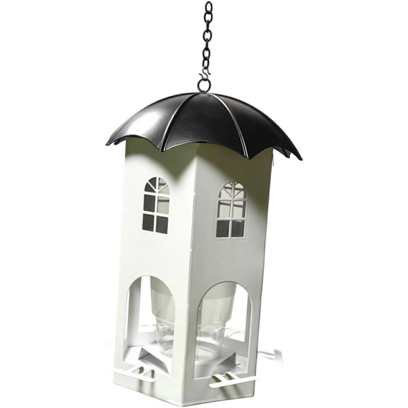 Hanging Bird Feeder with Umbrella Canopy, 4 Feeding Openings, Metal Hummingbird Feeder for Garden and Patio Use