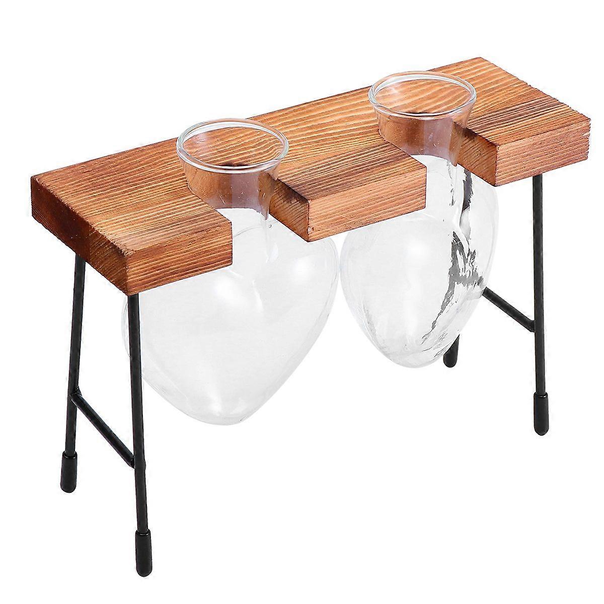 Hydroponic Flower Vase Desktop Glass Planter Heart Shaped Wooden Frame Hydroponic Container (Bench Heart with Two Vases)