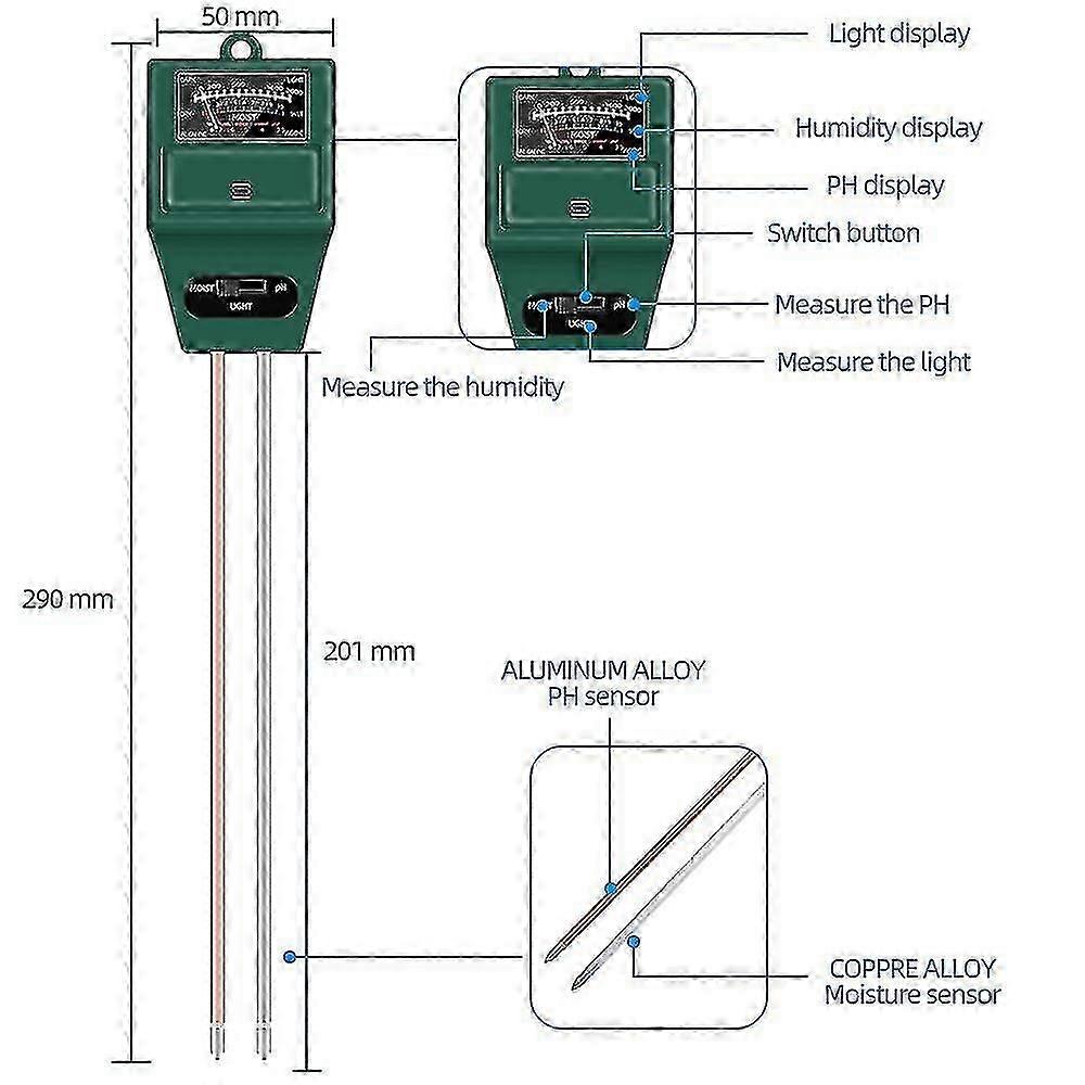Soil Moisture Meter 3 In 1 Soil Ph Tester Moisture Measuring Humidity Meter Hydroponics Analyzer Gardening Detector Hygrometer aa