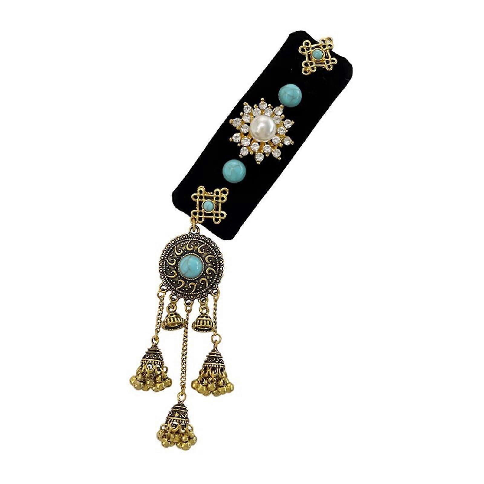 Black Velvet Hair Clip with Blue Turquoise Tassel Ethnic Style Women's Headwear Elegant Wedding Hair Accessories