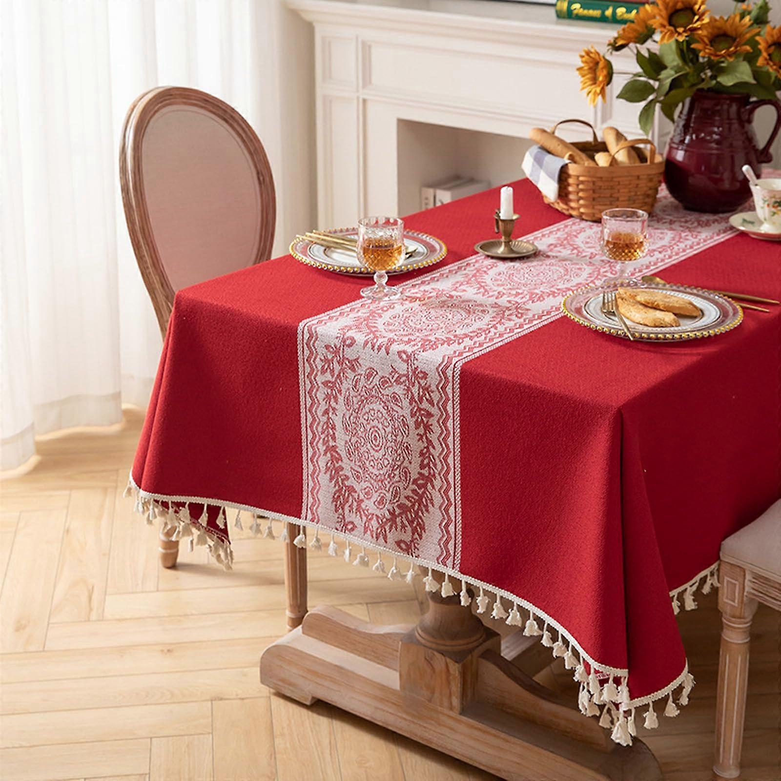 Tablecloth 140 x 180 cm Cotton-Linen Rectangular Table Cover Dustproof with Tassels for Kitchen Dining Room Red