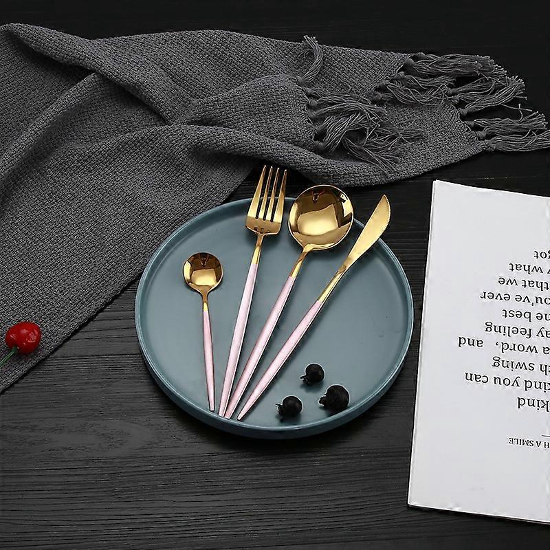 4 pcs Cutlery Set, Titanium Plated Silverware Strong Rust Resistant Dishwasher Safe (Pink + Gold)