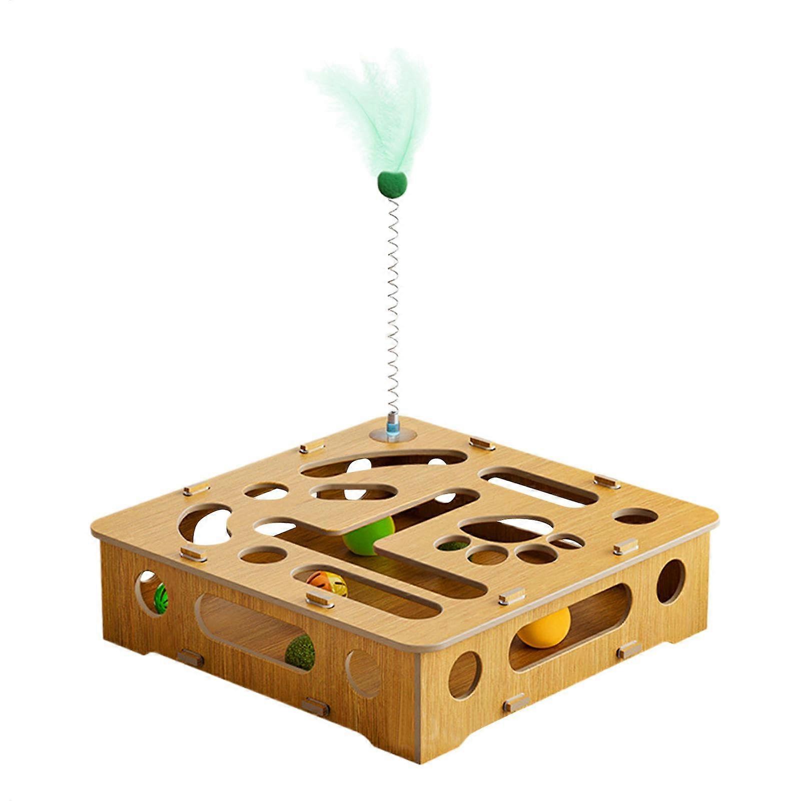 Wooden Cat Toy Box, Interactive Cat Hunting Toy, Feather and Balls Puzzle, Indoor Cat Toy