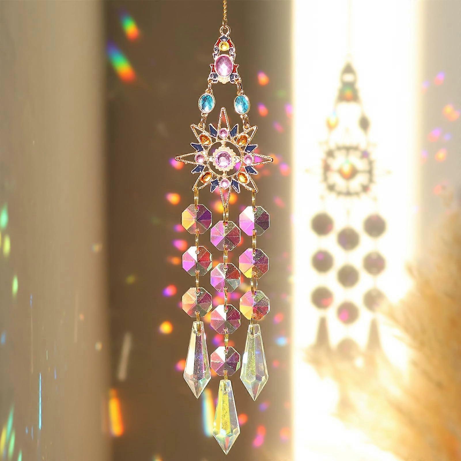 Crystal Sun Catcher With Prism Chain And Hook For Window, Ceiling, Garden, Home Stars Motif