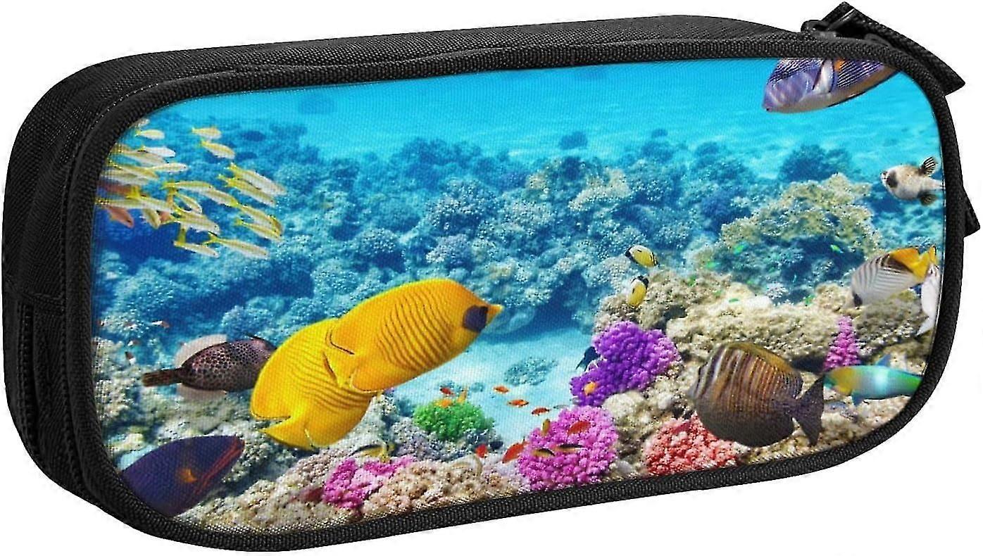 i5468 Coral and Sea Fish Large Double Layer Pencil Organizer με φερμουάρ, χαριτωμένη υφασμάτινη μολυβοθήκη Oxford για παιδιά. ΕΠ5468